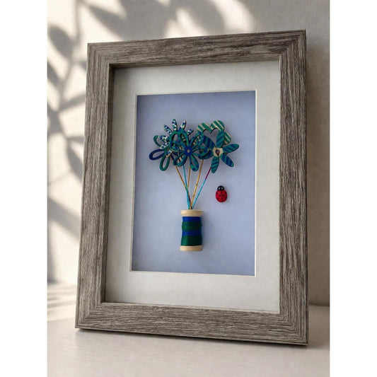 7x5" Wooden & Wire Flowers with Striped Bobbin Reel Framed Picture - Gigglypix